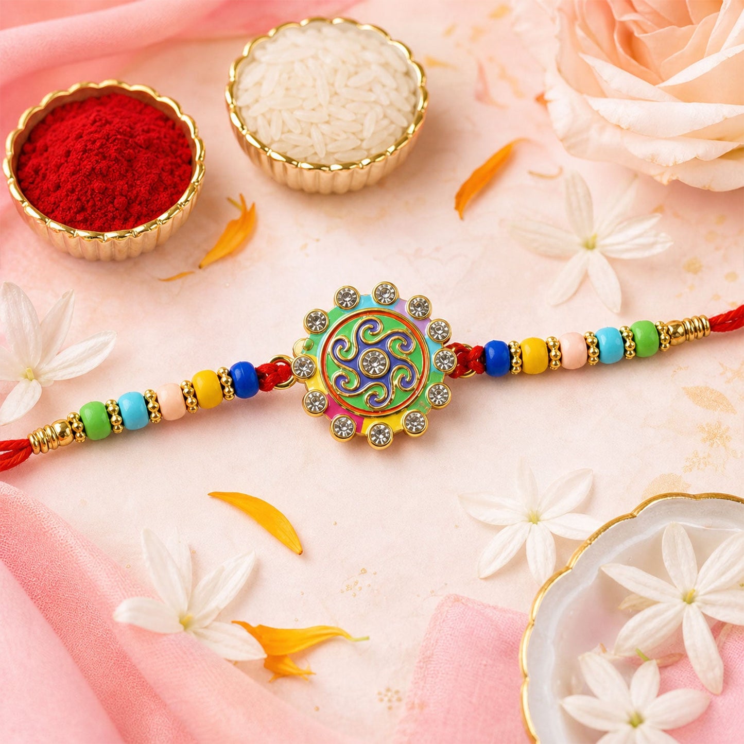 Peacock Om Beaded Rakhi Combo with Traditional Motif Work (2 Pc)