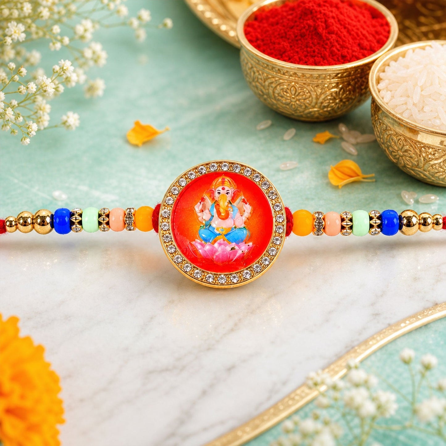 Devotional Blessing Beaded Rakhi with Sacred Round Charm (2 Pc)