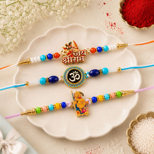Devotional Motif Beaded Rakhi with Lovely Sacred Center Charm (3 Pc)