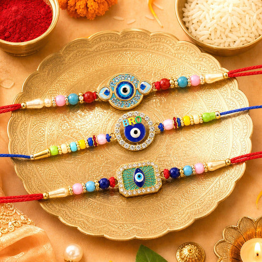 Evil Eye Beaded Rakhi with Protective Motif Design (3 Pc)