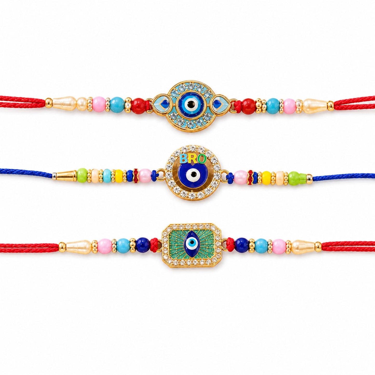 Evil Eye Beaded Rakhi with Protective Motif Design (3 Pc)
