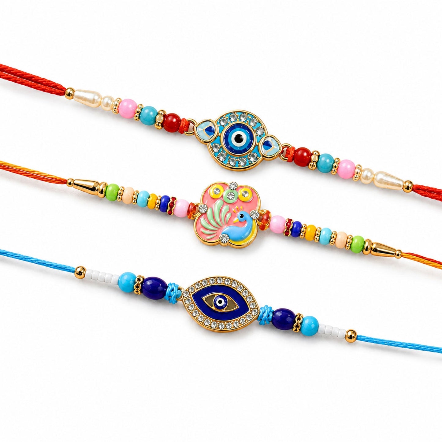 Oval Evil Eye Beaded Rakhi with Pearl Accent Work (3 Pc)