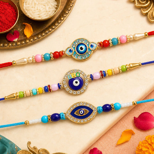 Round Evil Eye Beaded Rakhi with Ornamental Center (3 Pc)