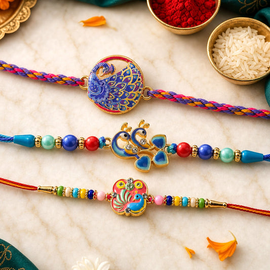 Peacock Stone Beaded Rakhi with Elegant Kundan Work (3 Pc)