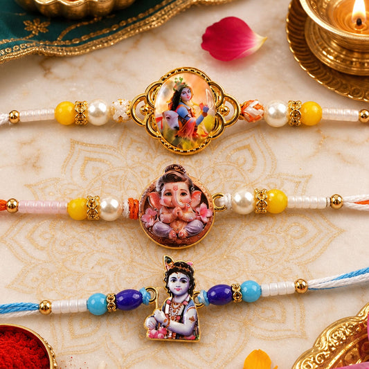 Ganpati Kids Pearl Beaded Rakhi with Cute Center Charm (3 Pc)