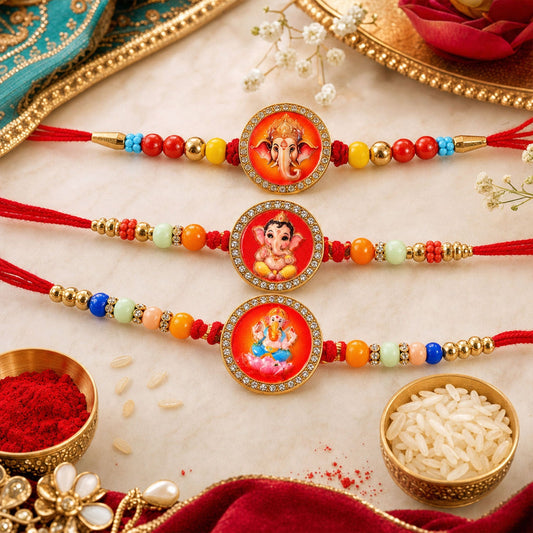 Ganesh Devotional Beaded Rakhi with Sacred Charm Work (3 Pc)
