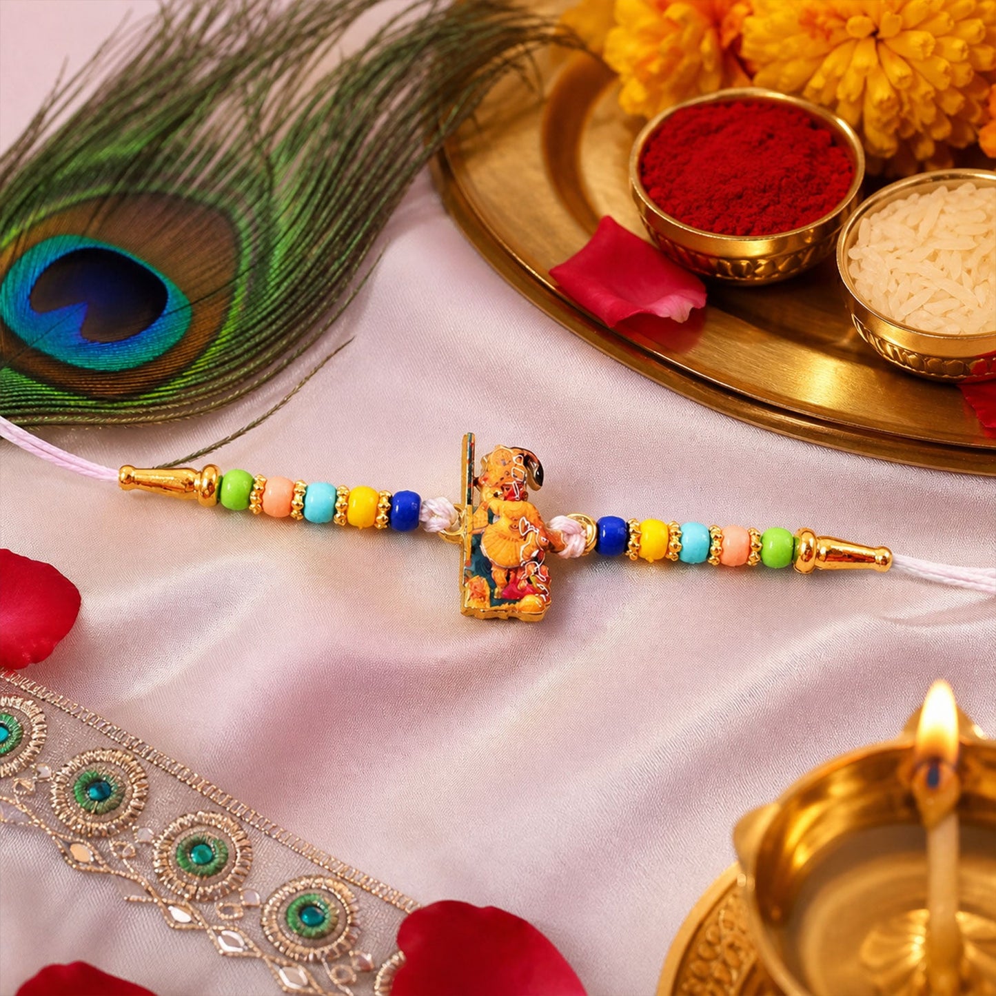 Krishna Peacock Beaded Rakhi with Devotional Charm (4 Pc)