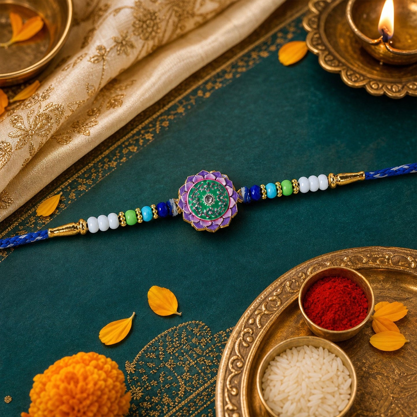Krishna Peacock Beaded Rakhi with Devotional Charm (4 Pc)