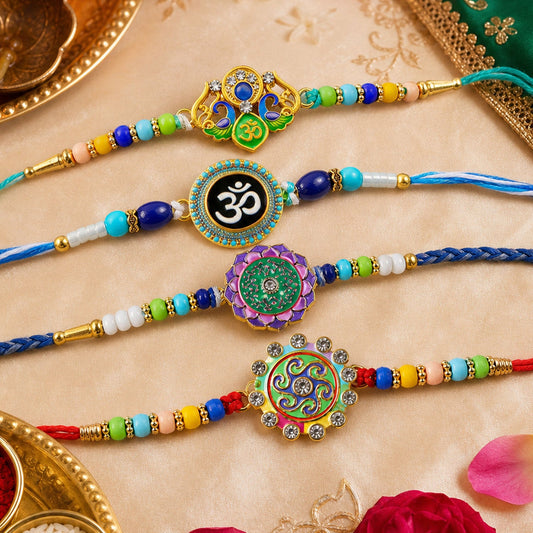 Floral Kundan Beaded Rakhi with Traditional Work (4 Pc)