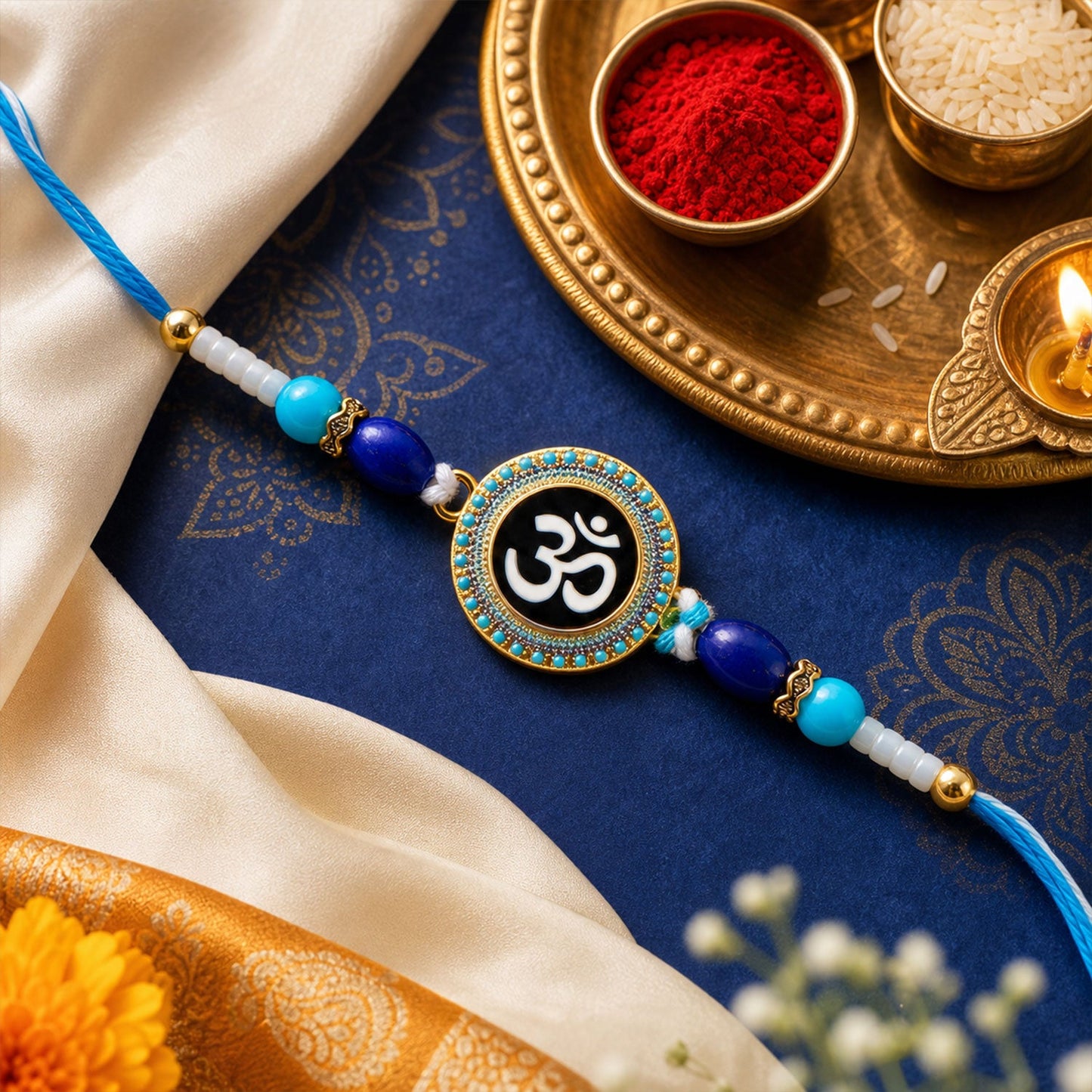 Floral Kundan Beaded Rakhi with Traditional Work (4 Pc)