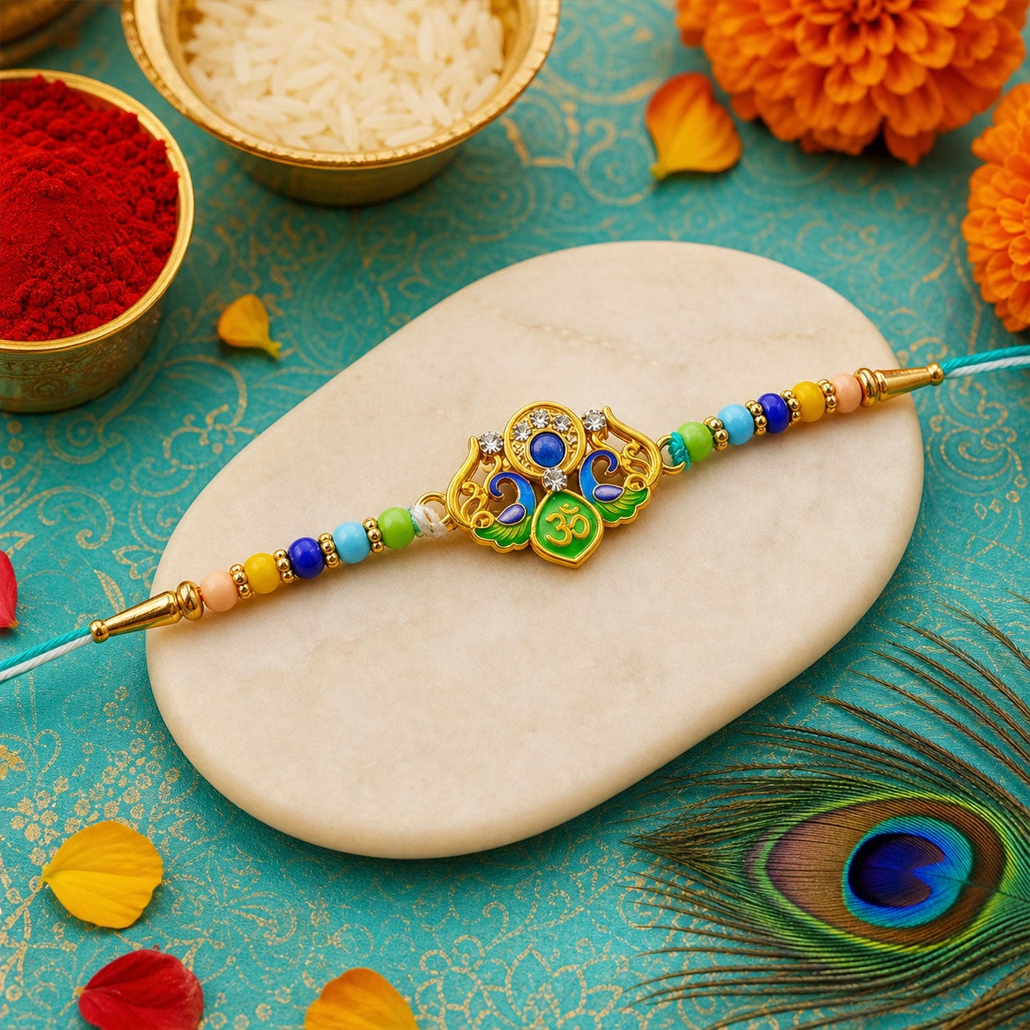 Floral Kundan Beaded Rakhi with Traditional Work (4 Pc)