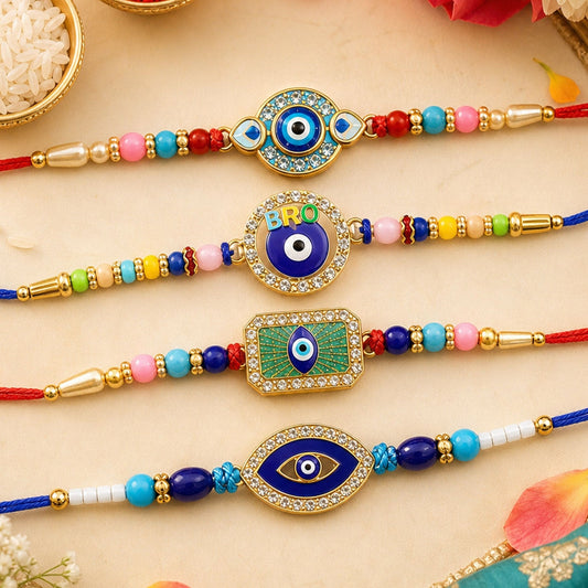 Evil Eye Beaded Rakhi with Protective Motif Work (4 Pc)