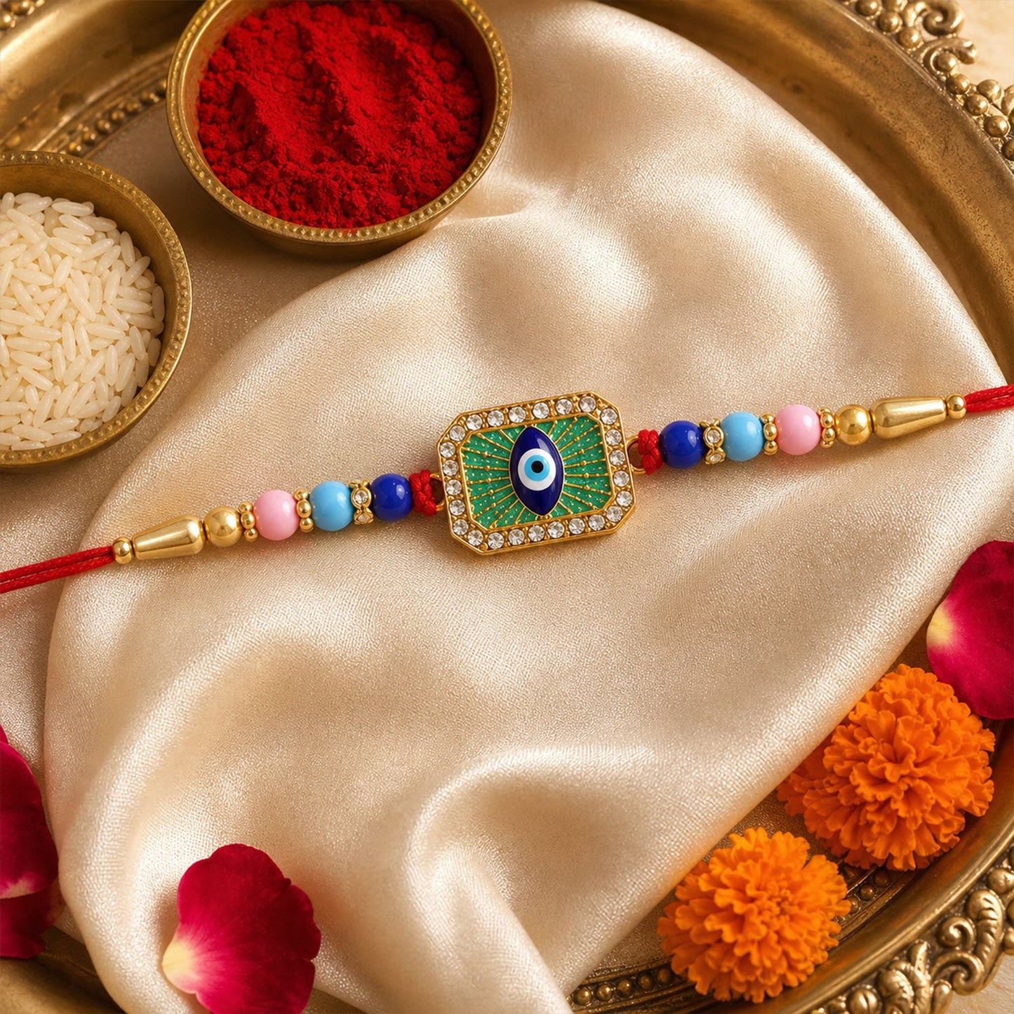 Evil Eye Beaded Rakhi with Protective Motif Work (4 Pc)