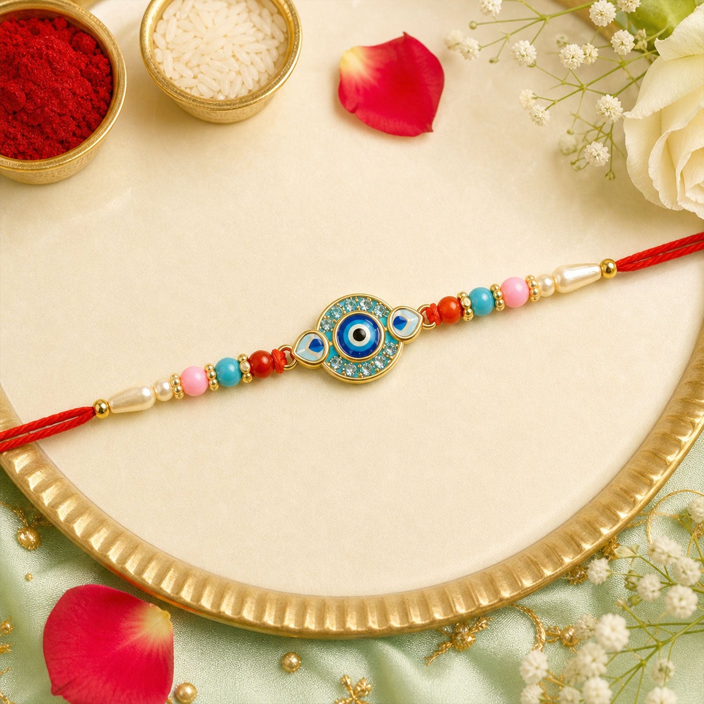 Evil Eye Beaded Rakhi with Protective Motif Work (4 Pc)