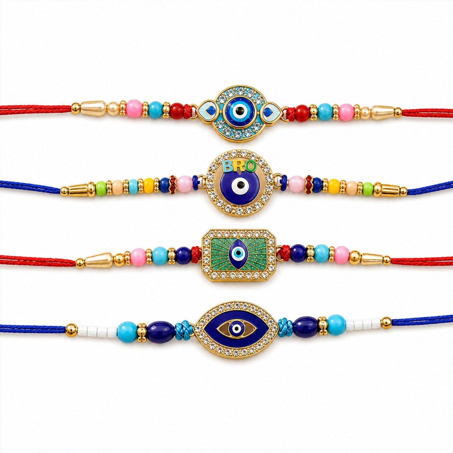 Evil Eye Beaded Rakhi with Protective Motif Work (4 Pc)