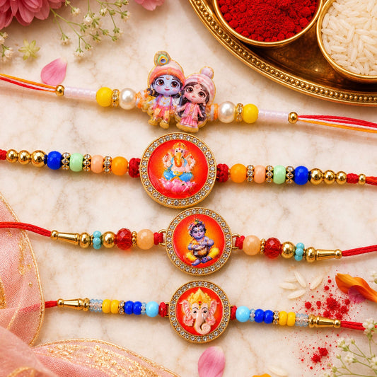 Ganesh Devotional Beaded Rakhi with Sacred Charm (4 Pc)