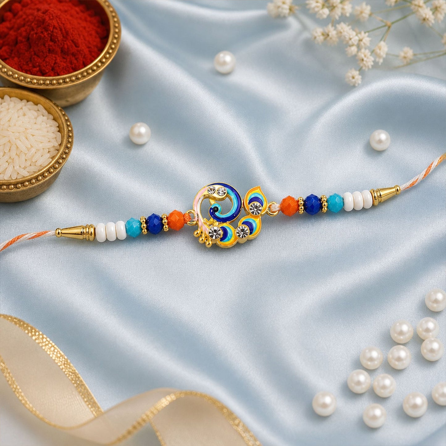 Peacock Kundan Beaded Rakhi with Ornamental Work (4 Pc)