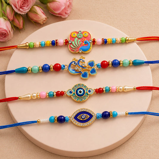 Evil Eye Peacock Beaded Rakhi with Kundan Detail (4 Pc)