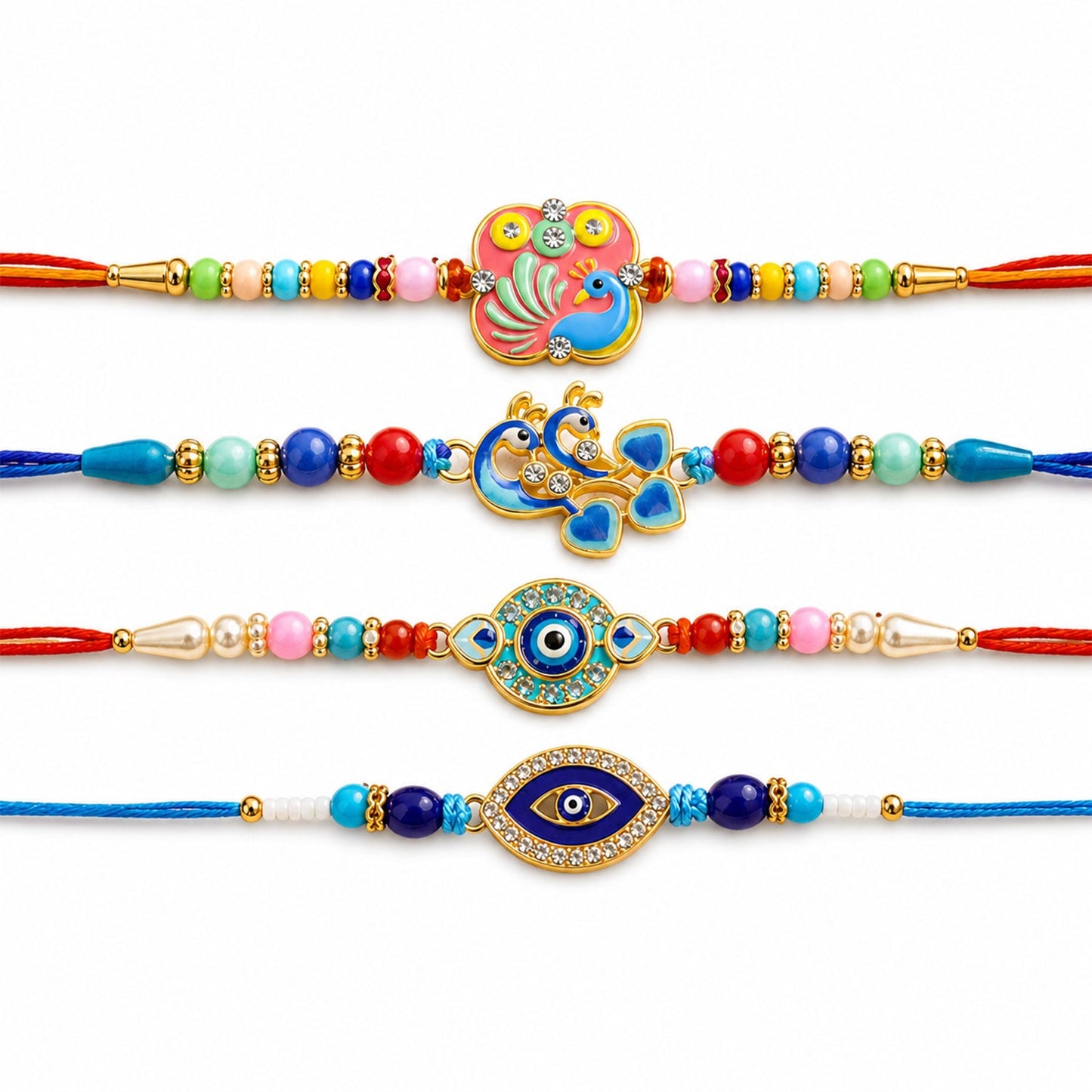 Evil Eye Peacock Beaded Rakhi with Kundan Detail (4 Pc)
