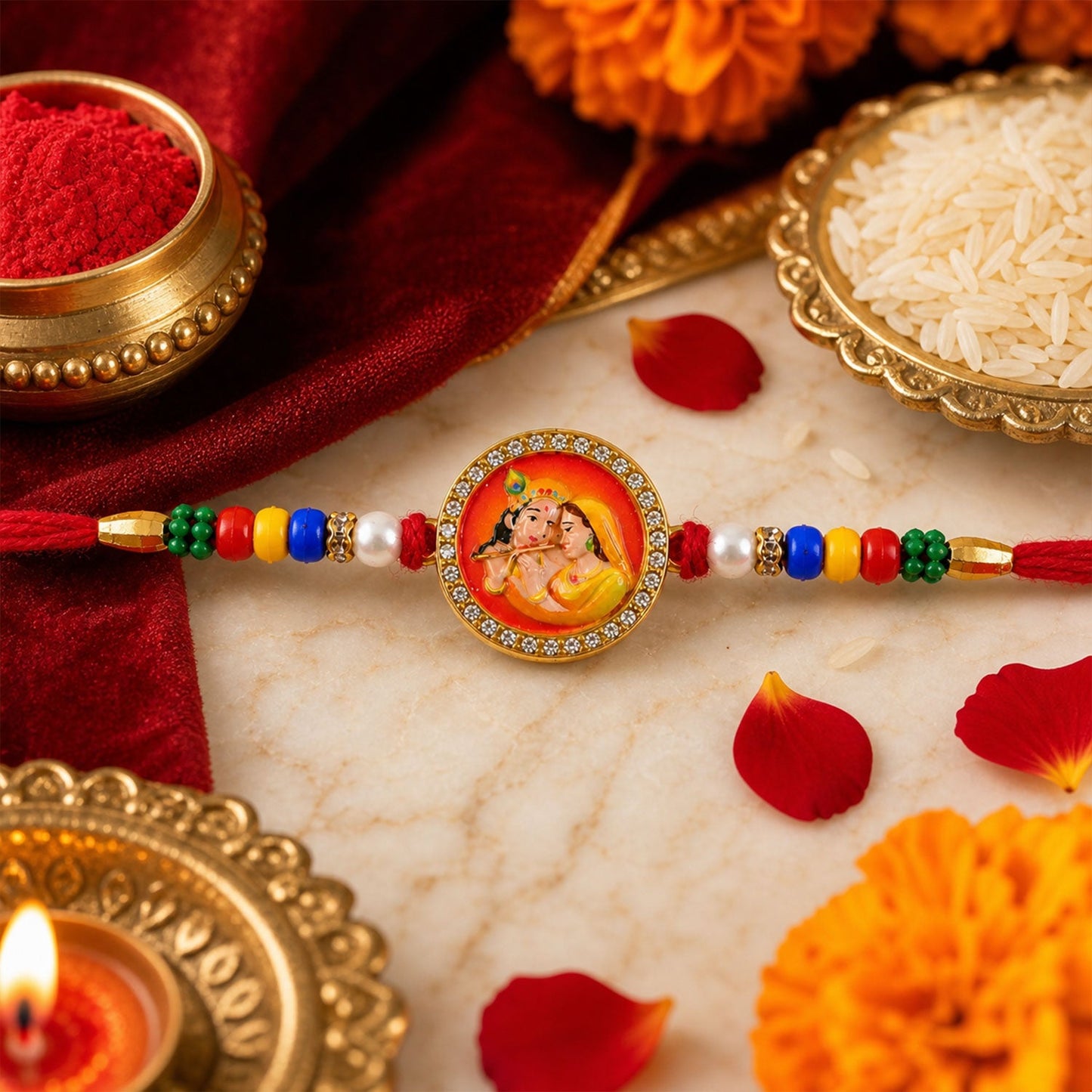 Ganesh Devotional Pearl Beaded Rakhi with Sacred Art (4 Pc)