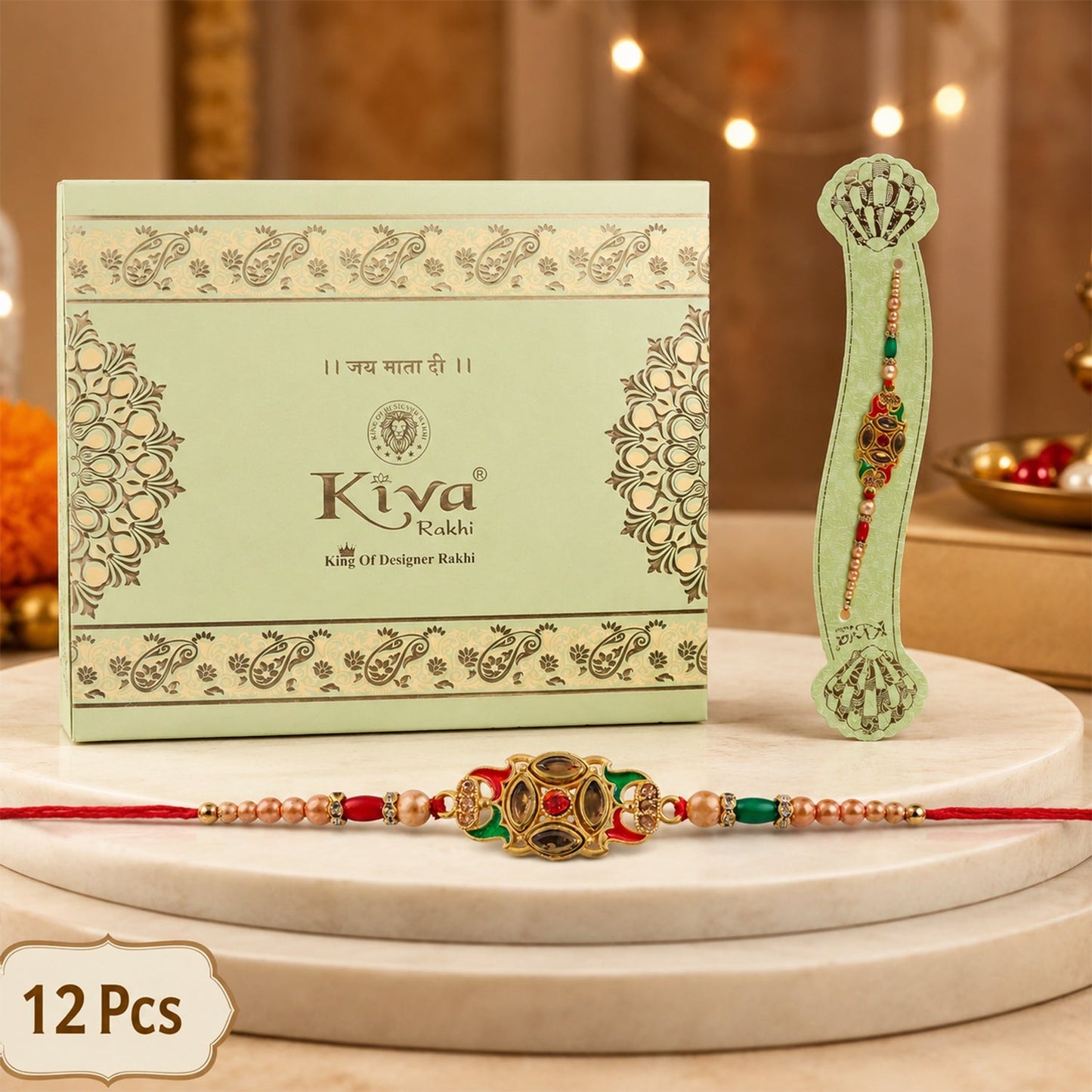 Designer Stylish Kundan Stone Pearl Beads Rakhi (12 Pc Set)