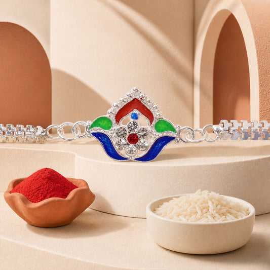 Lotus Meenakari Enamel Crystal Stone Silver Chain Designer Rakhi