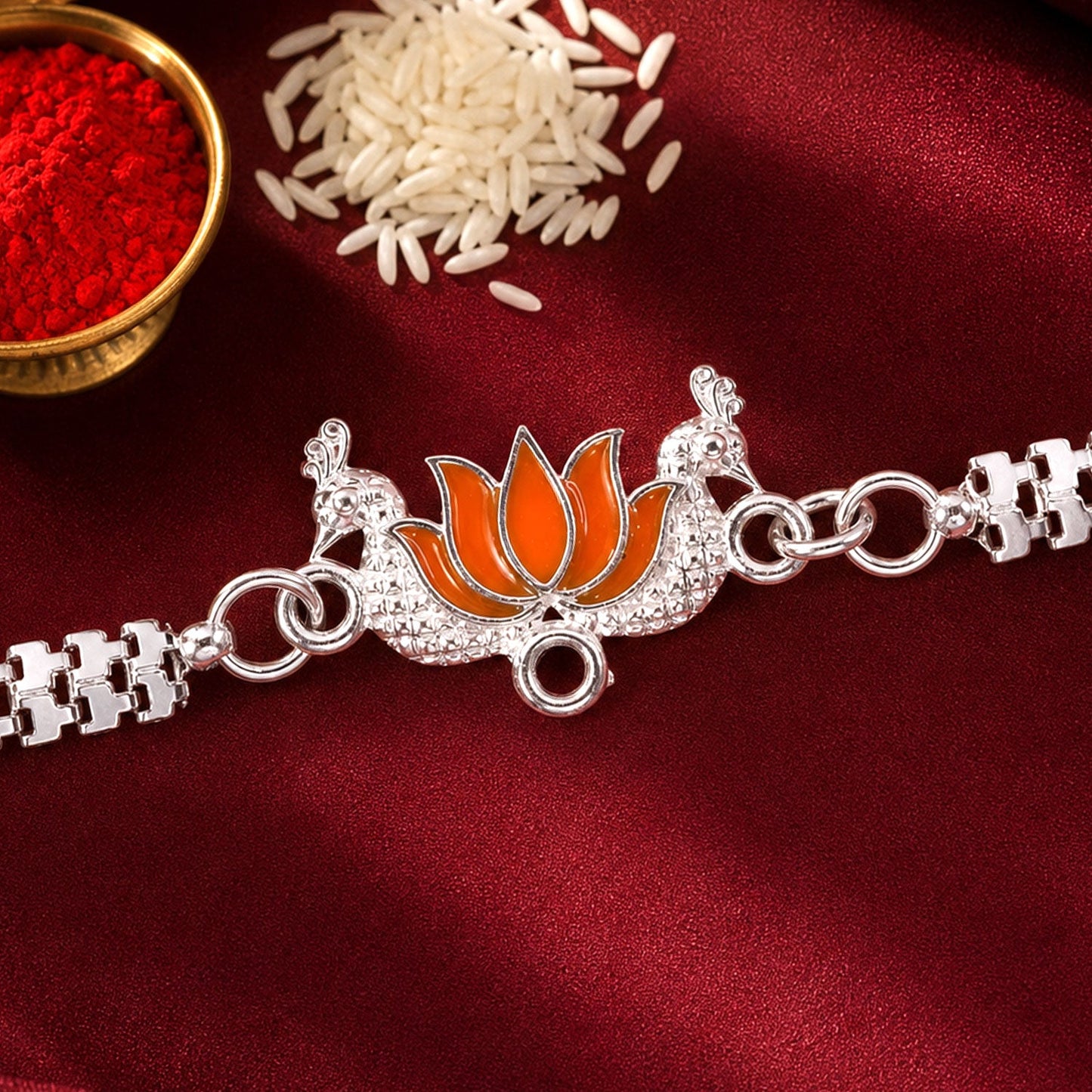 Lotus Mor Peacock Enamel Silver Chain Designer Rakhi