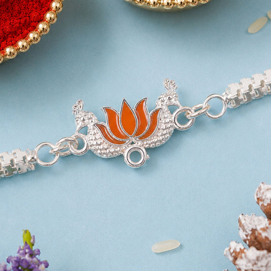 Lotus Mor Peacock Enamel Silver Chain Designer Rakhi