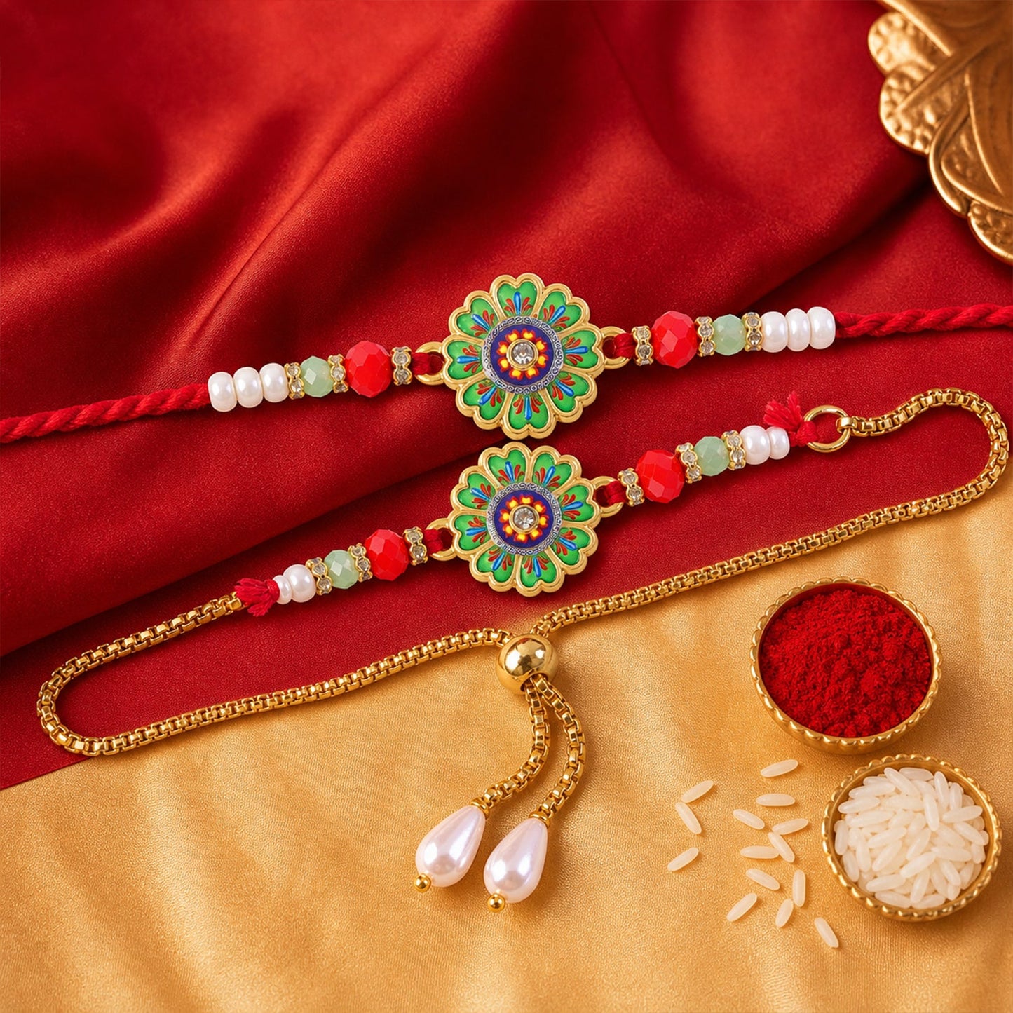 Premium Round Floral Beaded Lumba Bhai Bhabhi Rakhi Set