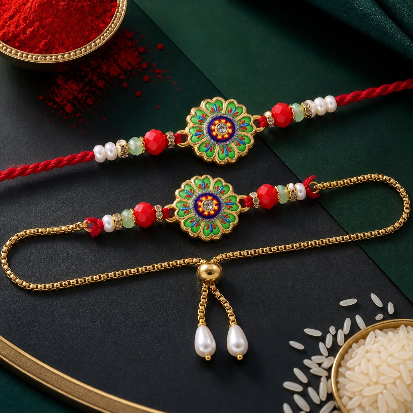 Premium Round Floral Beaded Lumba Bhai Bhabhi Rakhi Set