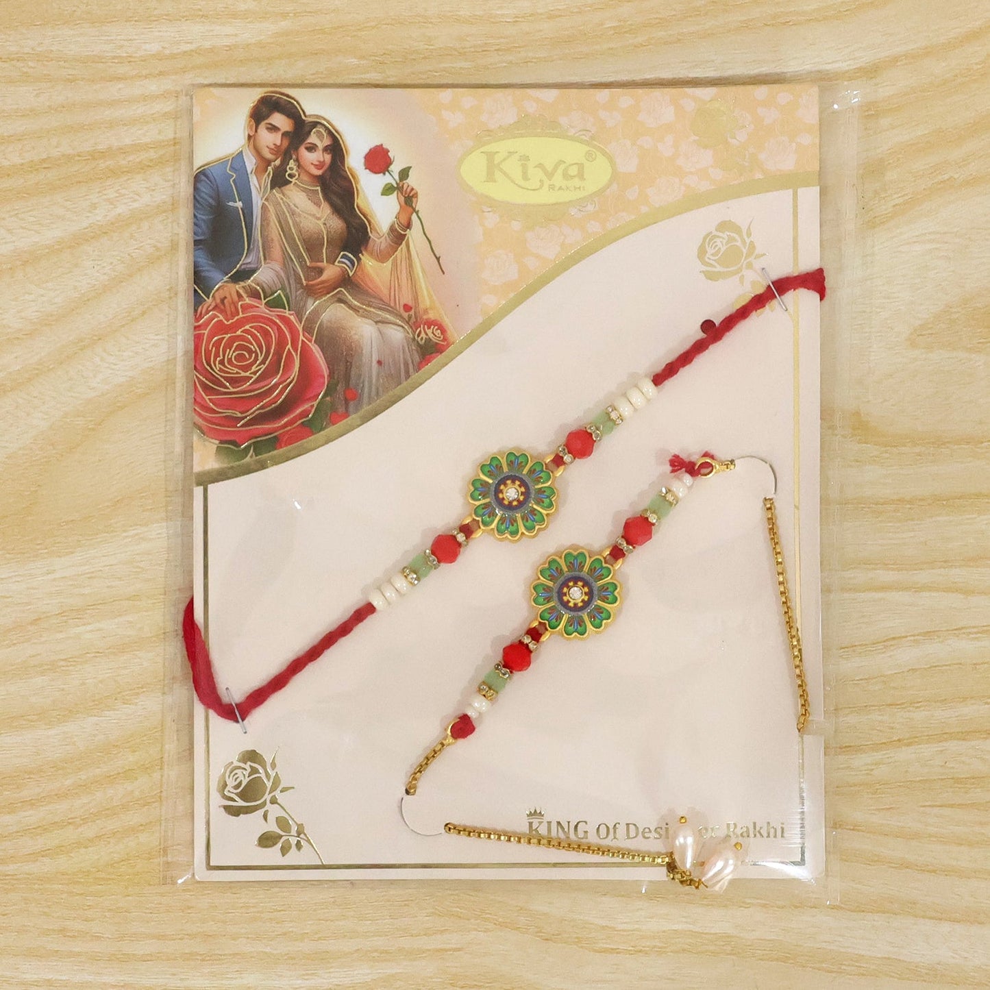 Premium Round Floral Beaded Lumba Bhai Bhabhi Rakhi Set