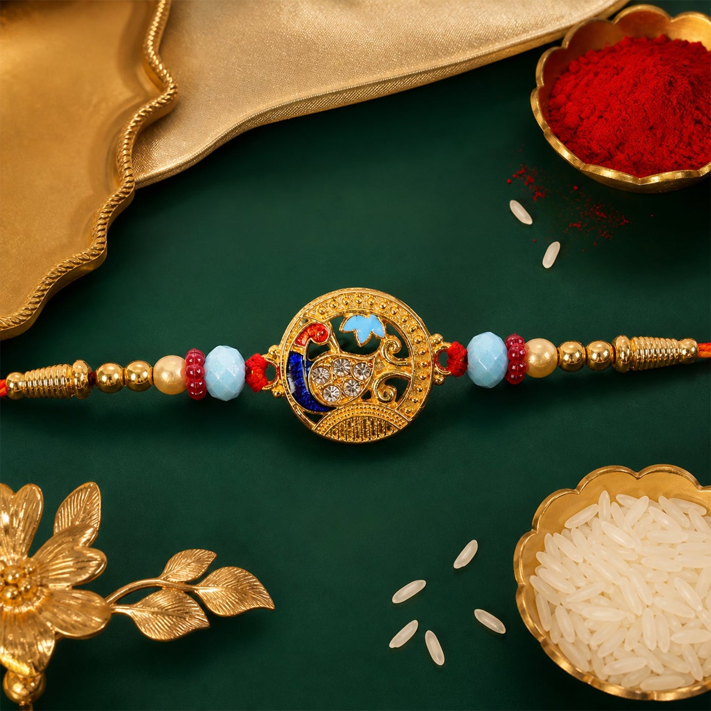 Round Peacock Motif Rakhi with Beaded Sacred Center Charm Design