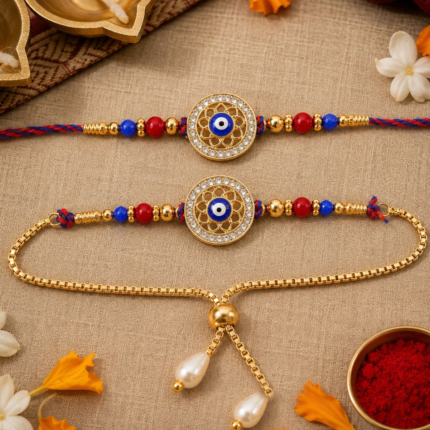 Premium Evil Eye Bhai Bhabhi Lumba Rakhi with Pearl Drop Detail