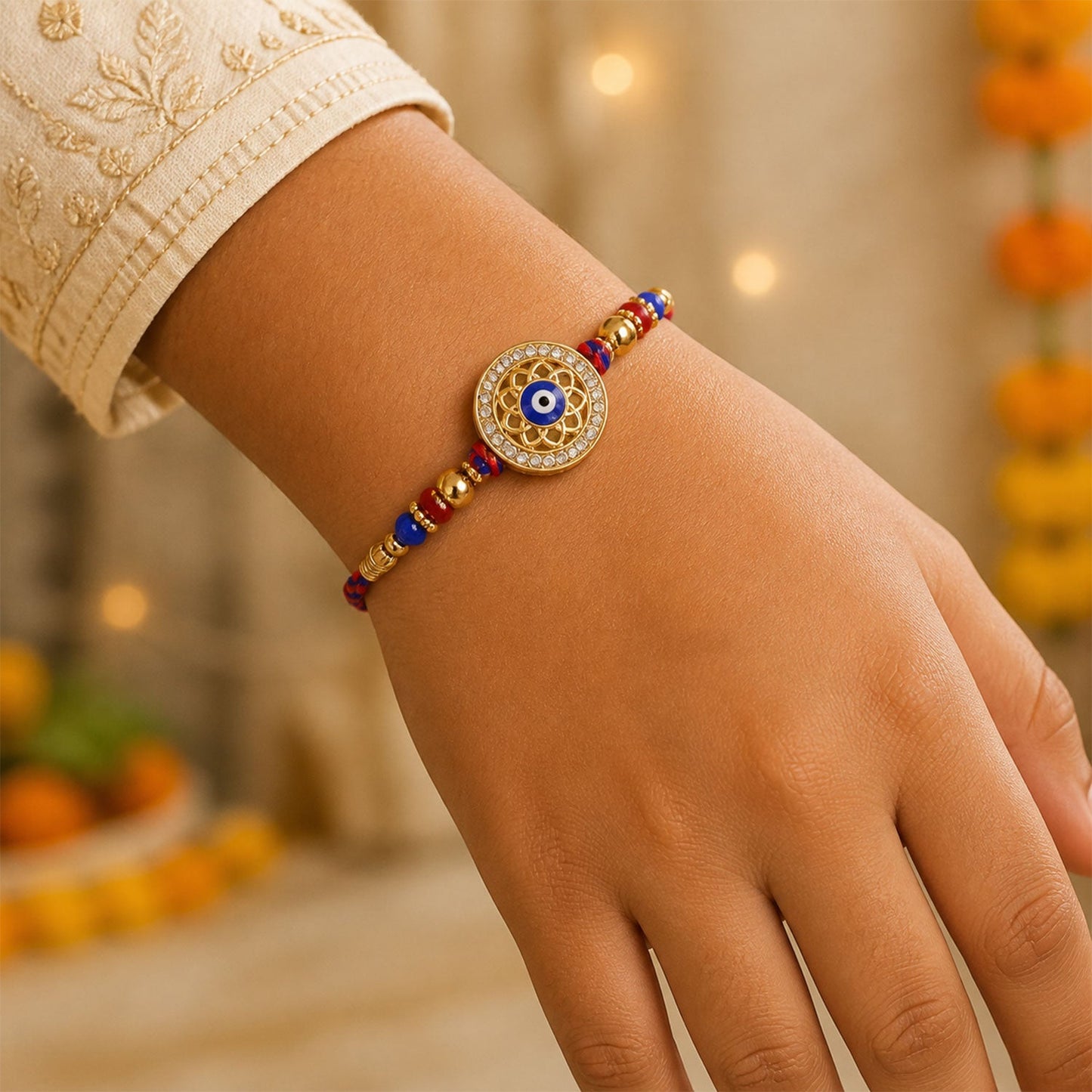 Premium Evil Eye Bhai Bhabhi Lumba Rakhi with Pearl Drop Detail