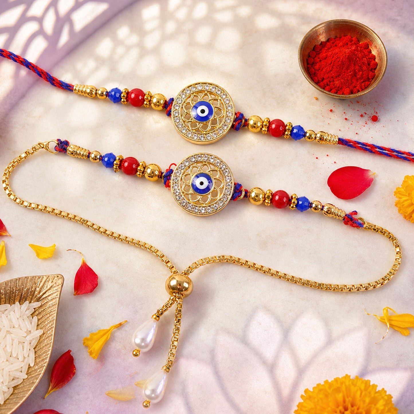 Premium Evil Eye Bhai Bhabhi Lumba Rakhi with Pearl Drop Detail