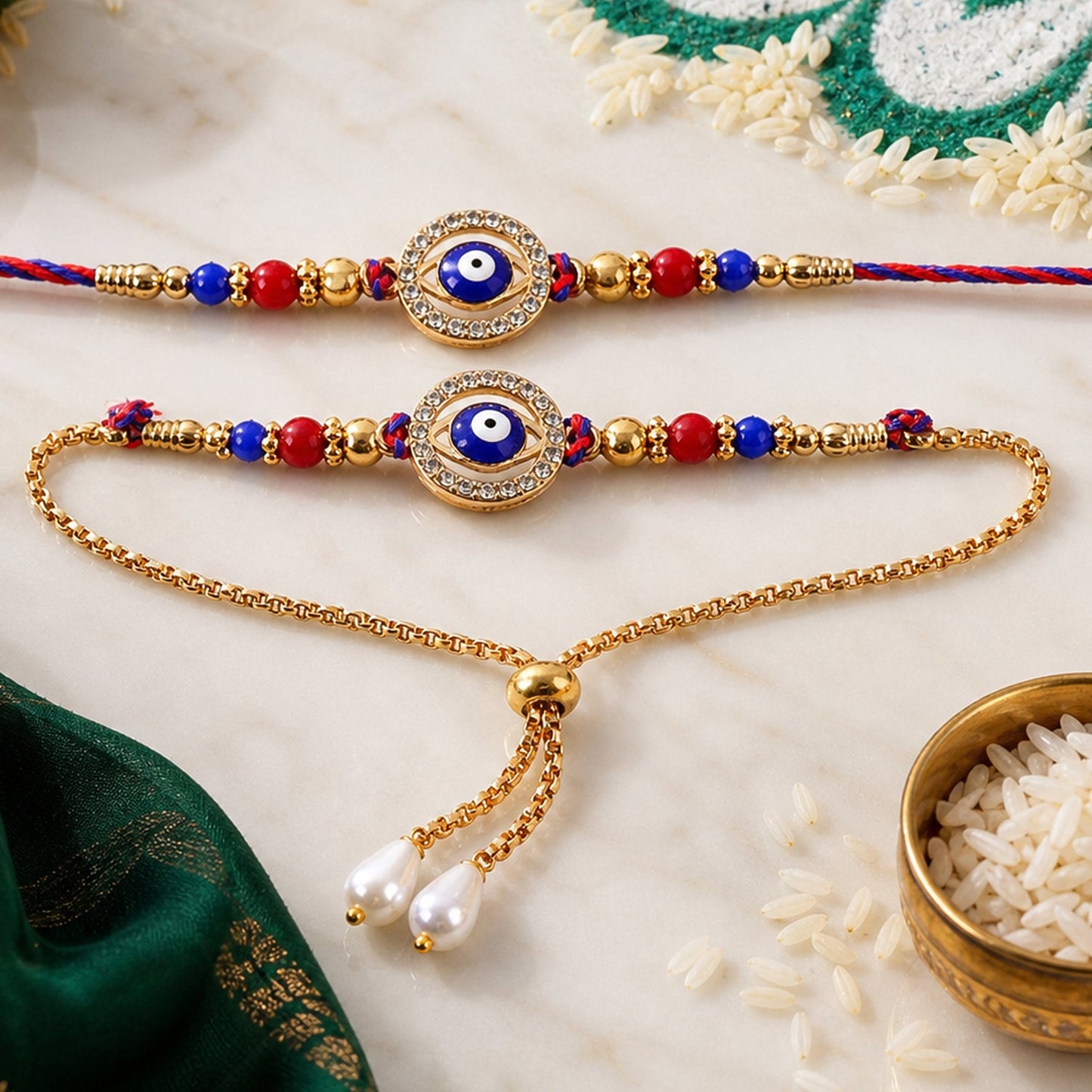 Premium Evil Eye Bhai Bhabhi Lumba Rakhi with Beaded Drop Design