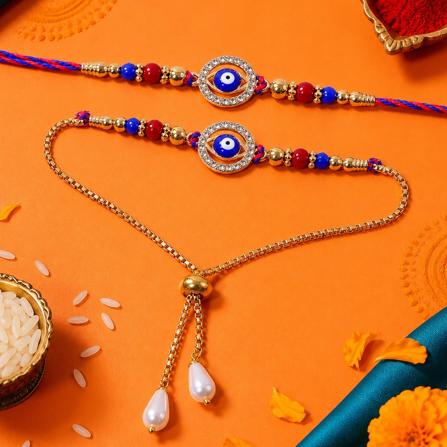 Premium Evil Eye Bhai Bhabhi Lumba Rakhi with Beaded Drop Design