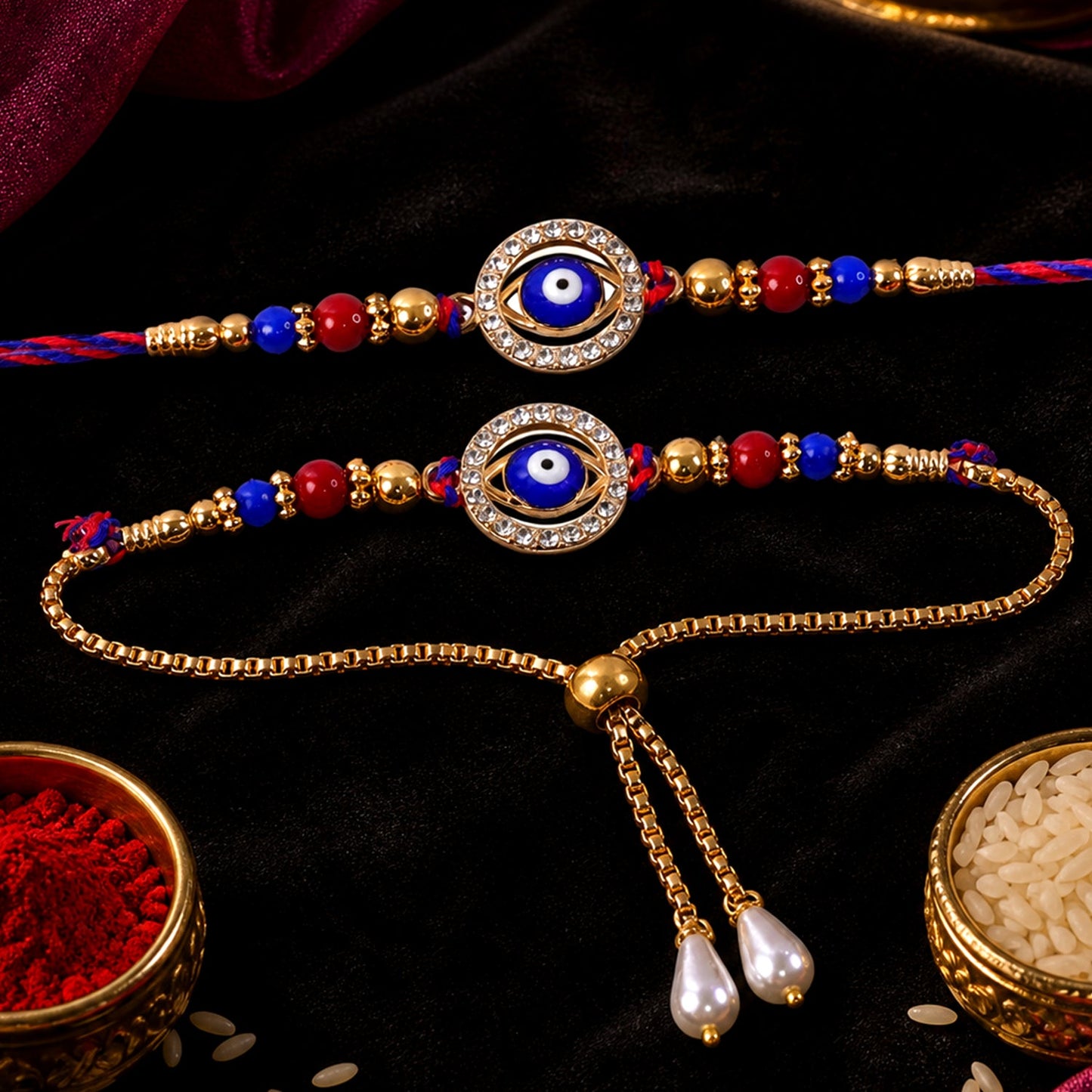Premium Evil Eye Bhai Bhabhi Lumba Rakhi with Beaded Drop Design