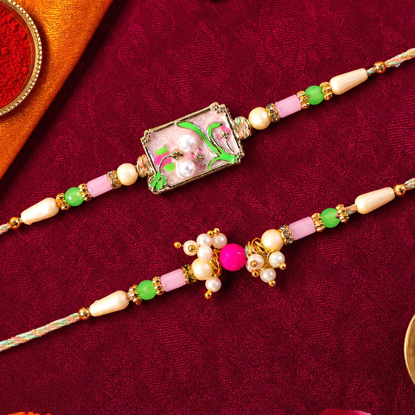 Premium Floral Bhai Bhabhi Lumba Rakhi with Festive Drop Design