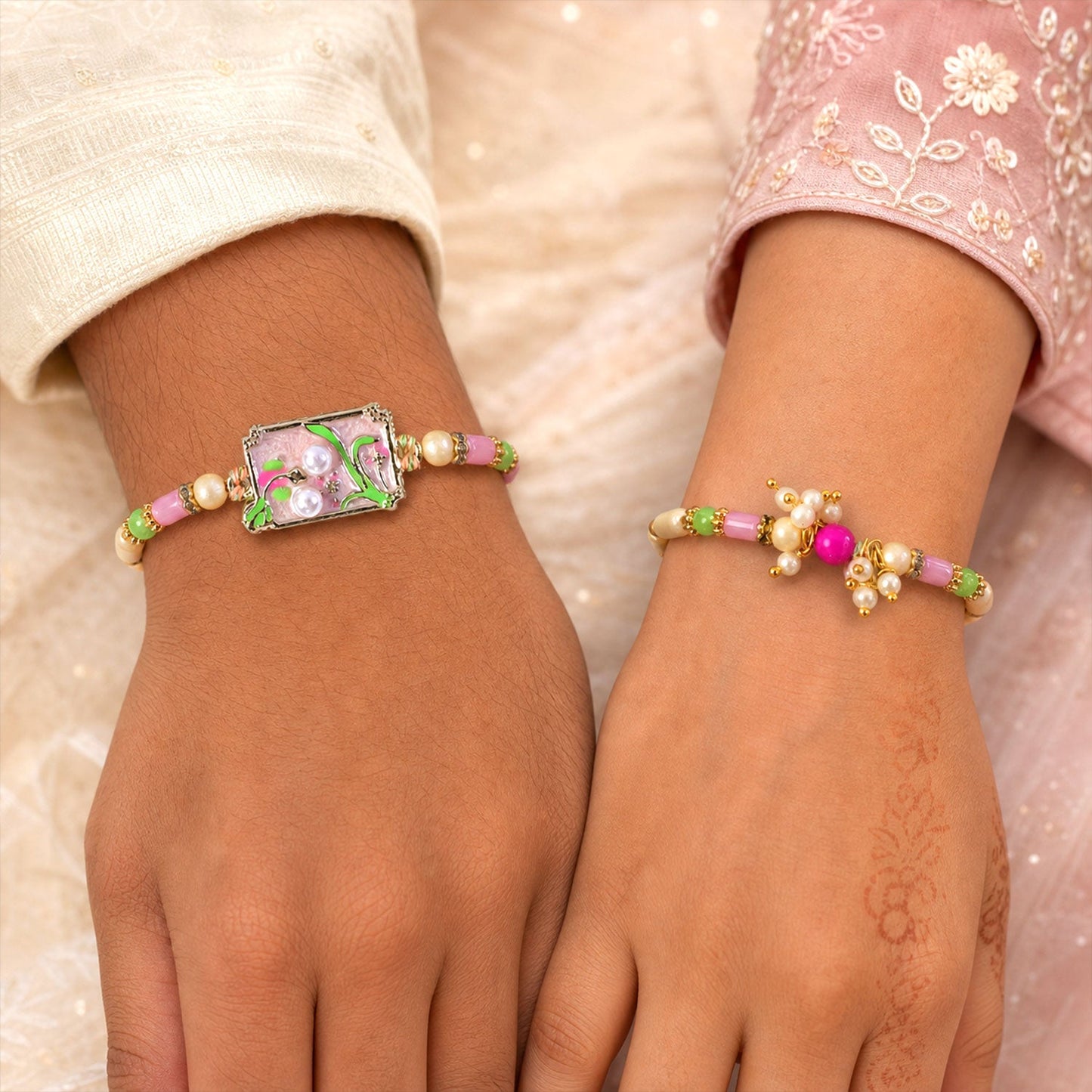 Premium Floral Bhai Bhabhi Lumba Rakhi with Festive Drop Design