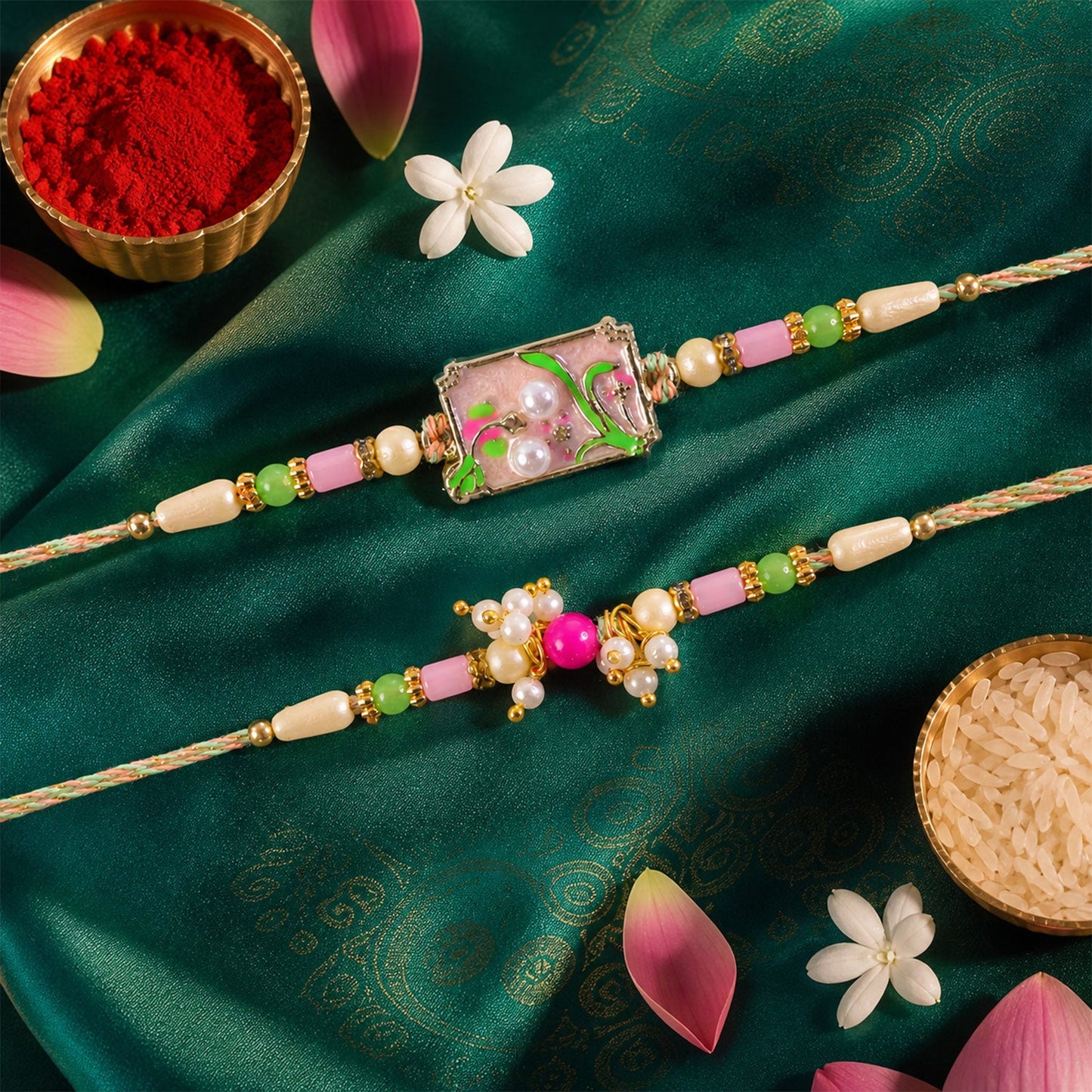 Premium Floral Bhai Bhabhi Lumba Rakhi with Festive Drop Design