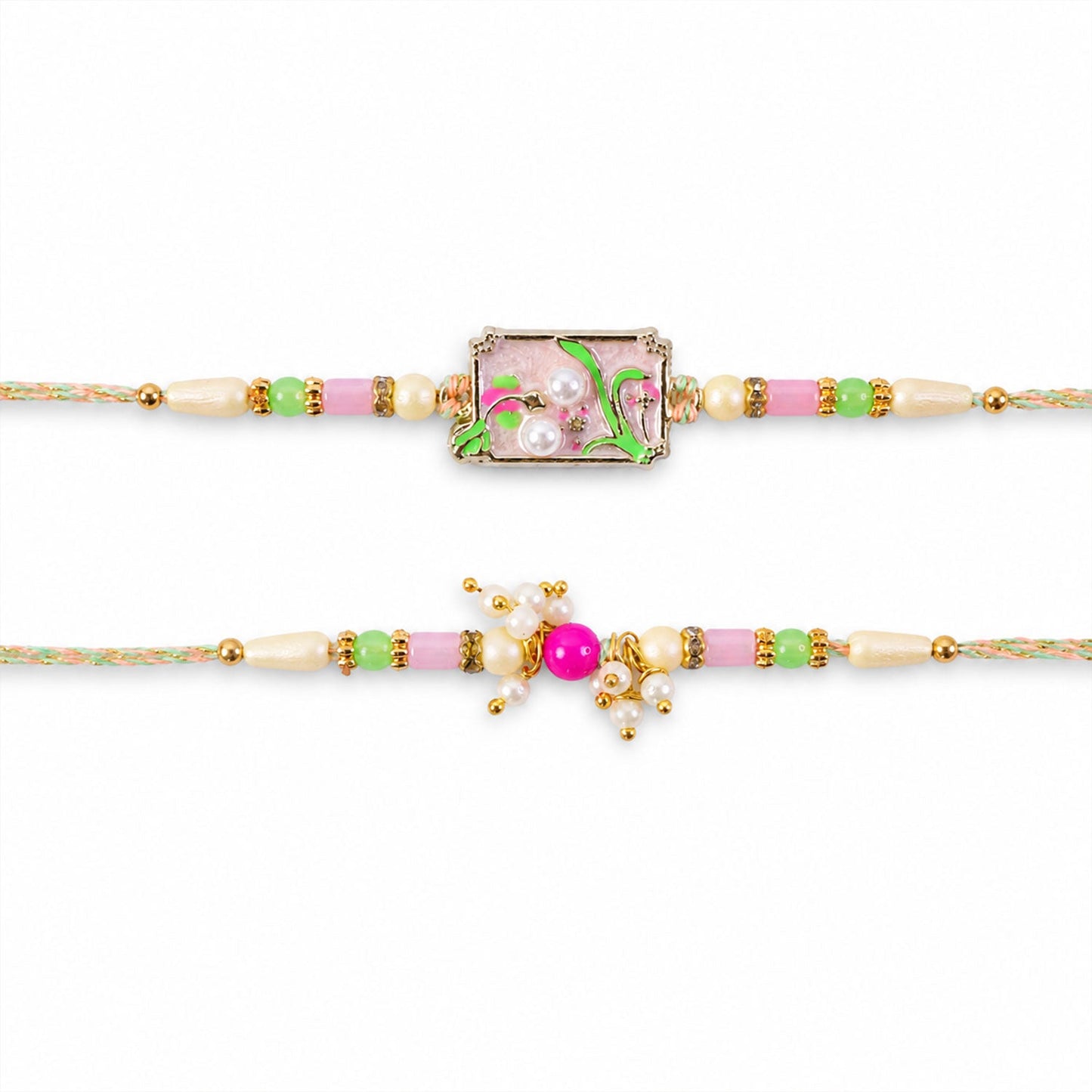 Premium Floral Bhai Bhabhi Lumba Rakhi with Festive Drop Design