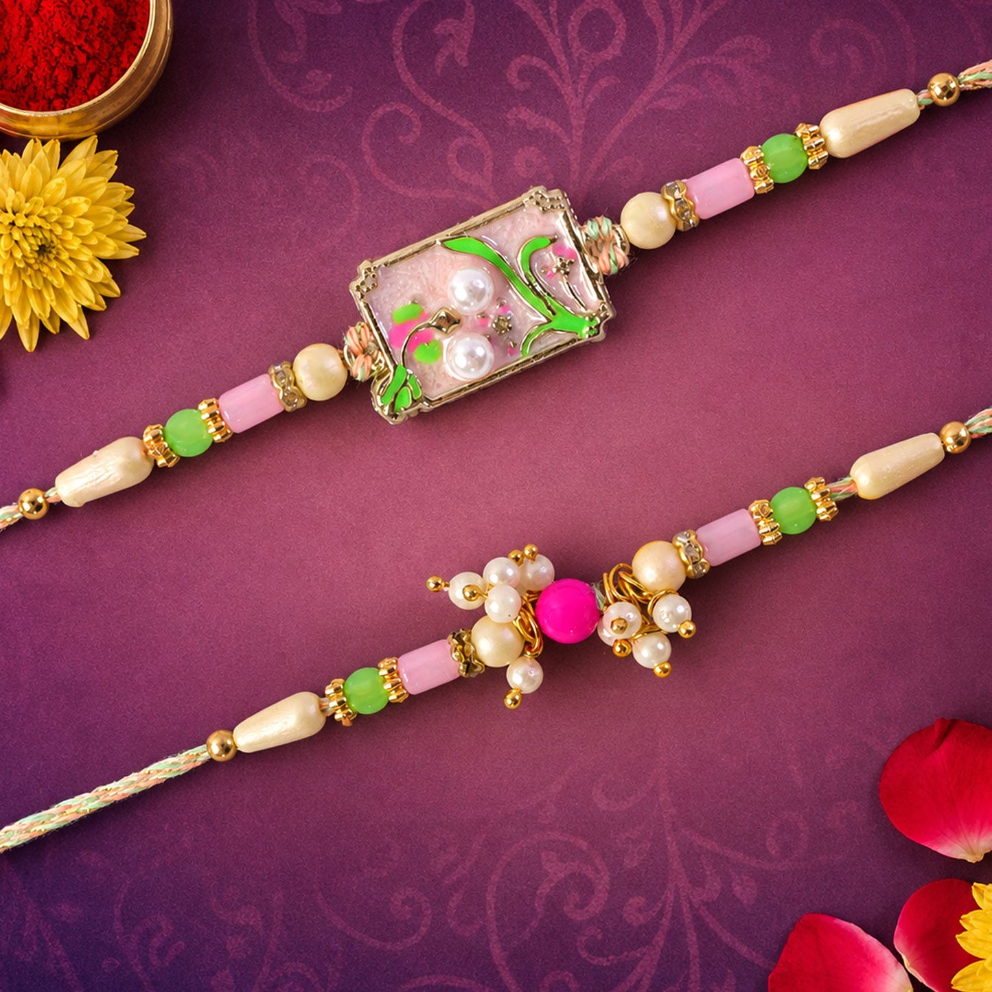 Premium Floral Bhai Bhabhi Lumba Rakhi with Festive Drop Design