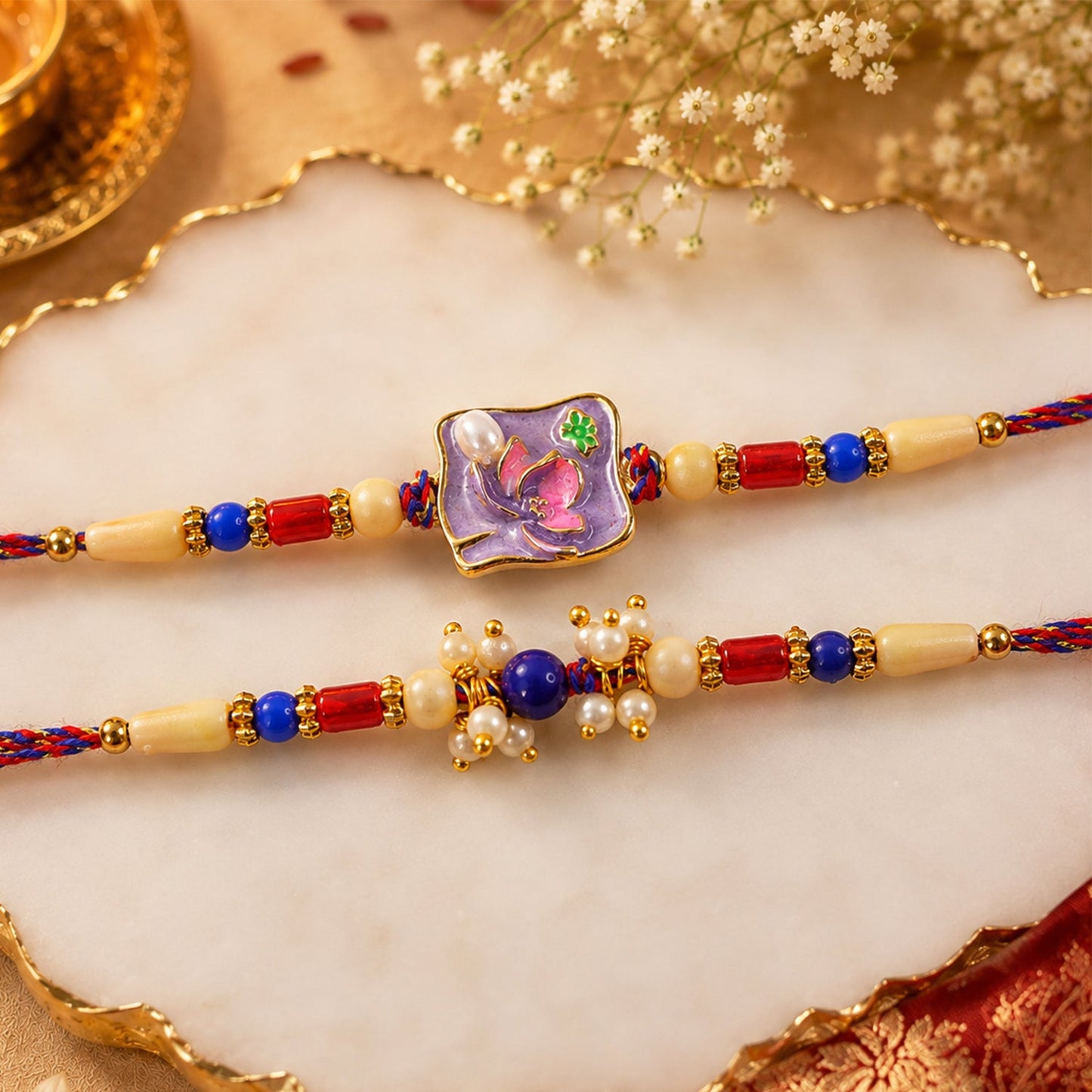 Premium Square Stone Bhai Bhabhi Lumba Rakhi with Pearl Drop Detail