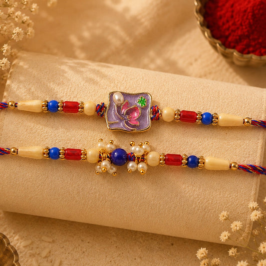 Two colorful Rakhi bands with square purple and round blue stone centers, adorned with red, blue, and cream beads, on a
