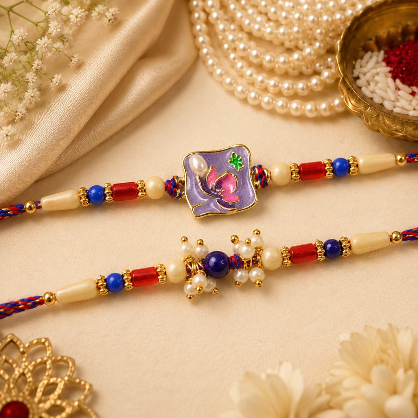 Premium Square Stone Bhai Bhabhi Lumba Rakhi with Pearl Drop Detail