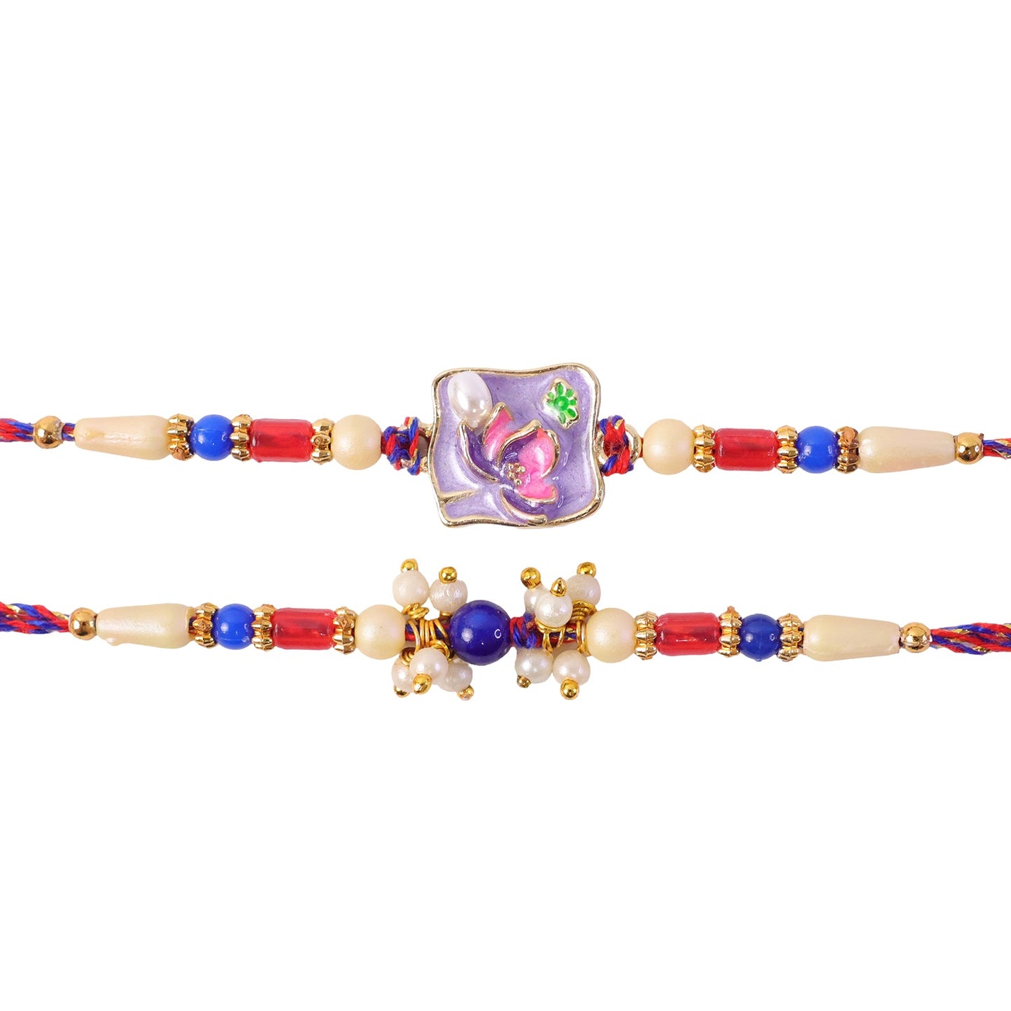 Premium Square Stone Bhai Bhabhi Lumba Rakhi with Pearl Drop Detail