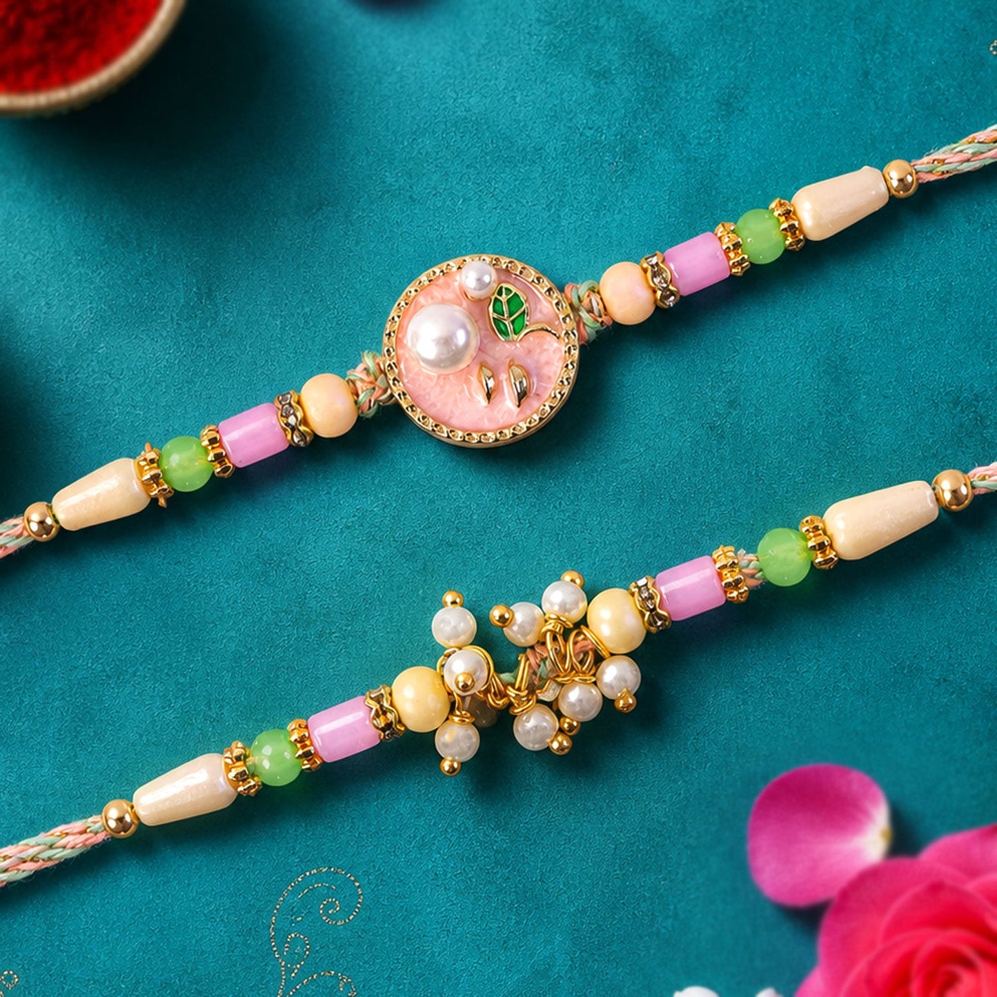 Premium Round Charm Bhai Bhabhi Lumba Rakhi with Pearl Hanging