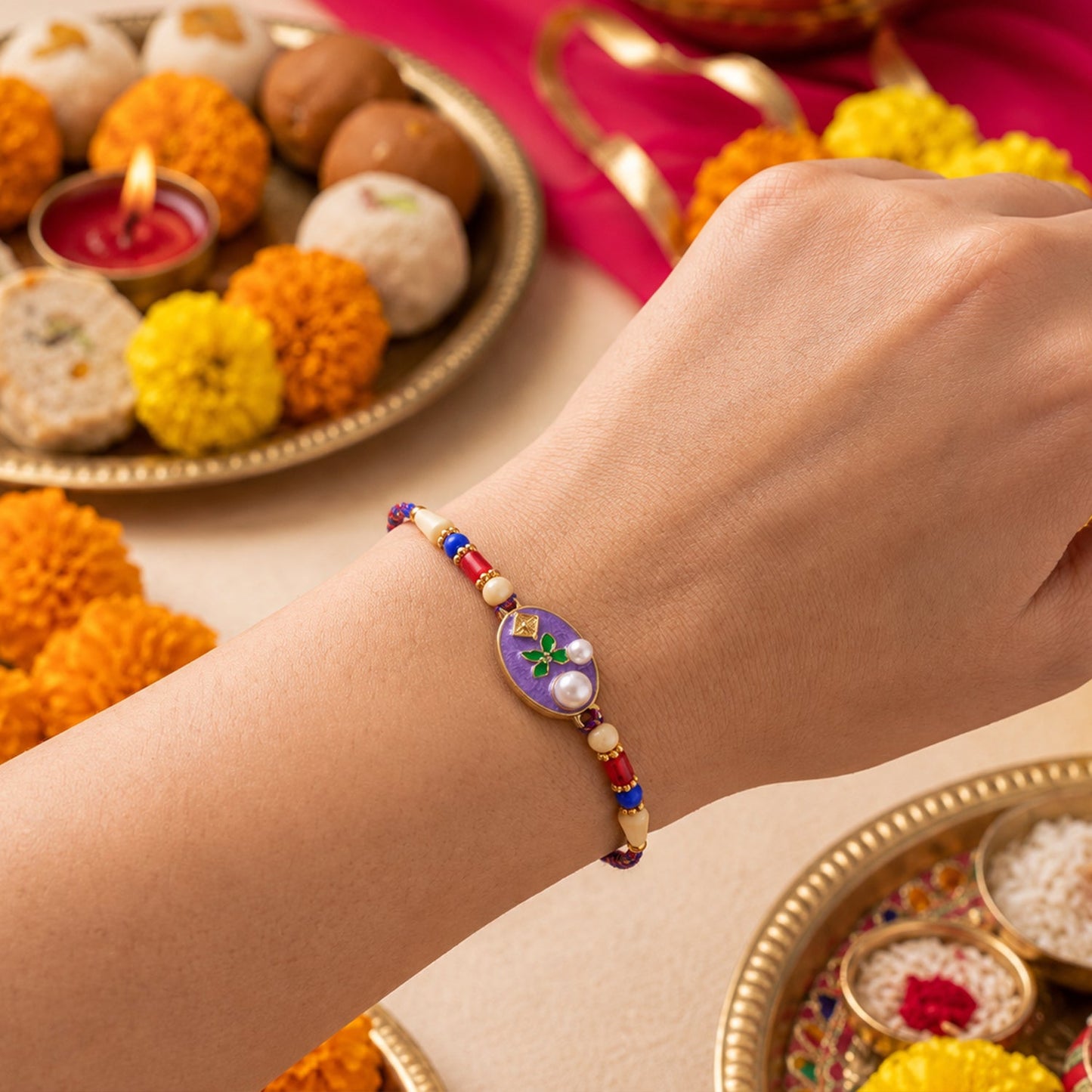 Premium Oval Stone Bhai Bhabhi Lumba Rakhi with Beaded Drop Detail