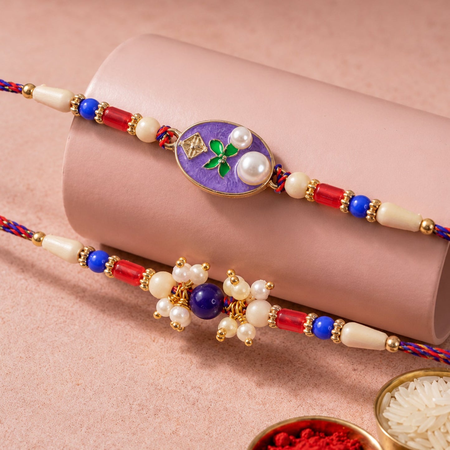 Premium Oval Stone Bhai Bhabhi Lumba Rakhi with Beaded Drop Detail